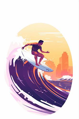 AI数字艺术卡通手绘夏季海滩冲浪运动插画