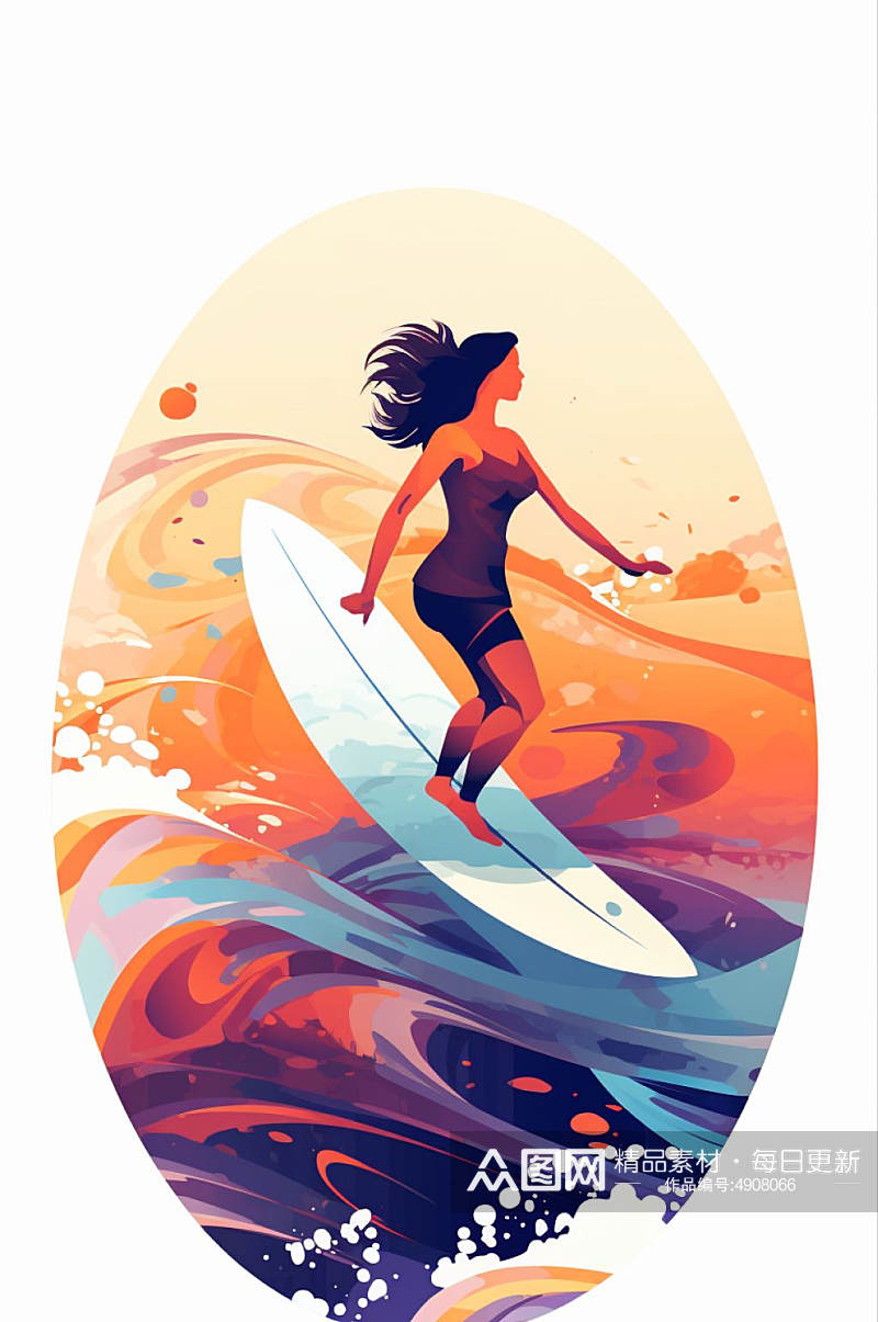 AI数字艺术卡通手绘夏季海滩冲浪运动插画素材