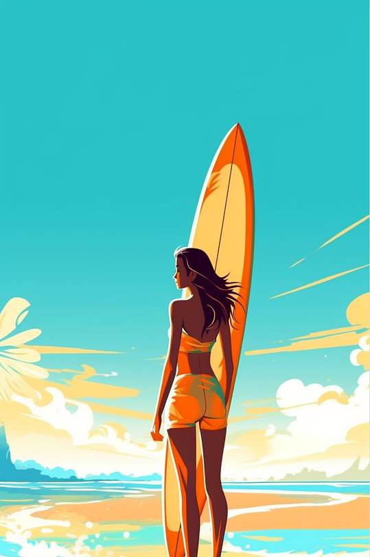 AI数字艺术创意手绘夏季海滩冲浪运动插画