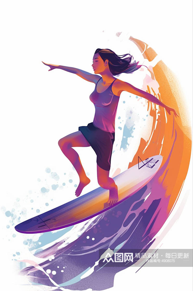AI数字艺术创意手绘夏季海滩冲浪运动插画素材