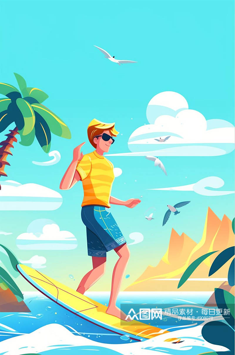 AI数字艺术创意手绘夏季夏至海滩冲浪运动插画素材