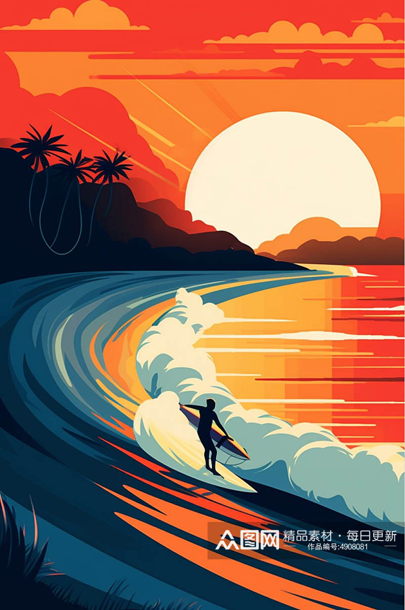 AI数字艺术创意手绘夏季海滩冲浪运动插画素材