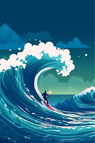 AI数字艺术手绘原创夏季海滩冲浪运动插画