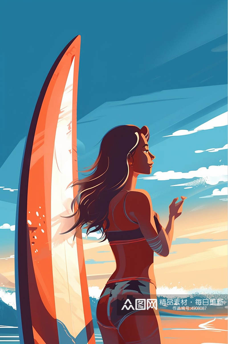 AI数字艺术手绘原创夏季海滩冲浪运动插画素材