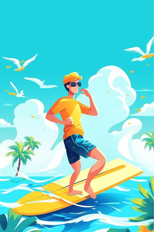 AI数字艺术手绘原创夏季海滩冲浪水上运动插画