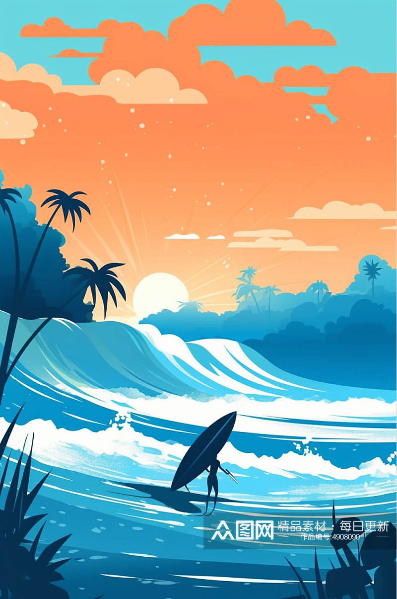 AI数字艺术手绘原创夏季海滩冲浪运动插画素材