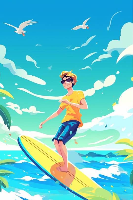AI数字艺术手绘原创夏季海滩冲浪运动插画