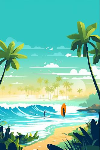 AI数字艺术手绘高清夏季夏至海滩冲浪运动插画