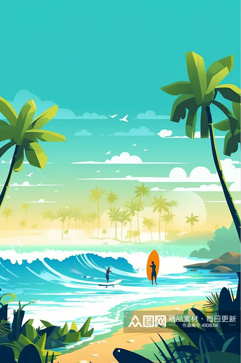 AI数字艺术手绘高清夏季夏至海滩冲浪运动插画素材