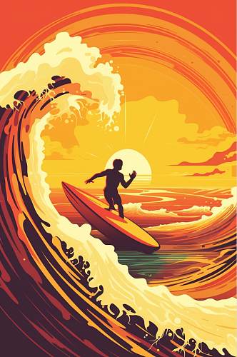 AI数字艺术手绘高清夏季海滩冲浪运动插画
