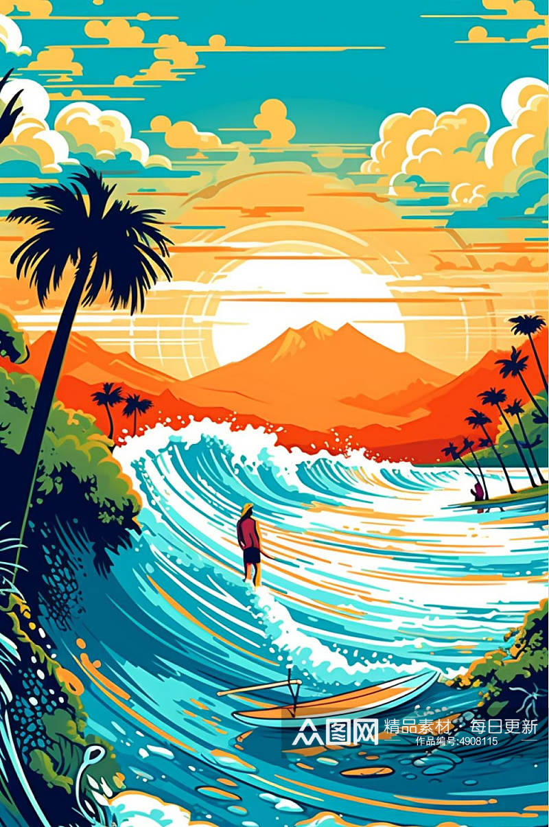 AI数字艺术卡通手绘夏季海滩冲浪运动插画素材