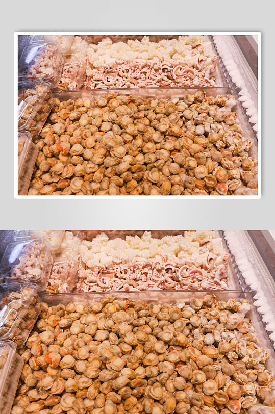 海鲜市场海产水产冰冻扇贝肉摄影图片