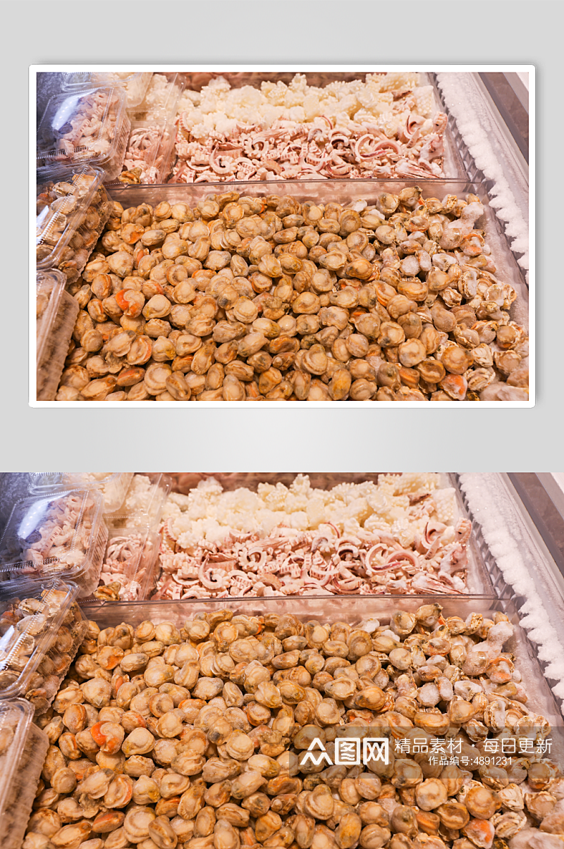 海鲜市场海产水产冰冻扇贝肉摄影图片素材