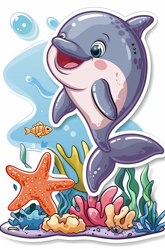 AI数字艺术卡通海洋动物海豚涂鸦插画贴纸