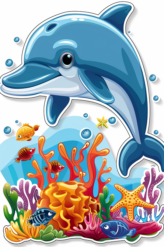 AI数字艺术卡通海洋动物海豚涂鸦插画贴纸-众图网