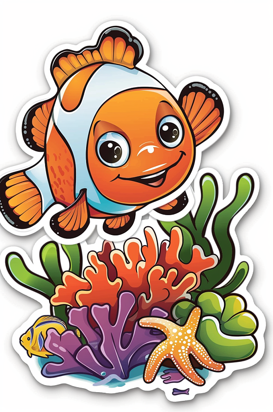 数字艺术卡通海洋动物小丑鱼涂鸦插画贴纸-众图网