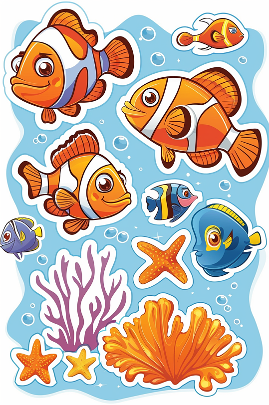 数字艺术卡通海洋动物小丑鱼涂鸦插画贴纸-众图网