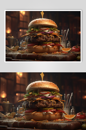 AI数字艺术简约汉堡包快餐美食摄影图片