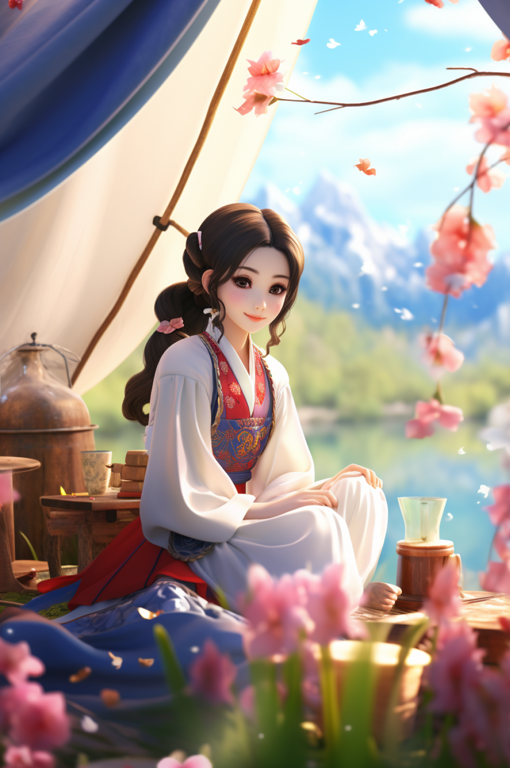 AI数字艺术春季汉服女生CG露营模型素材