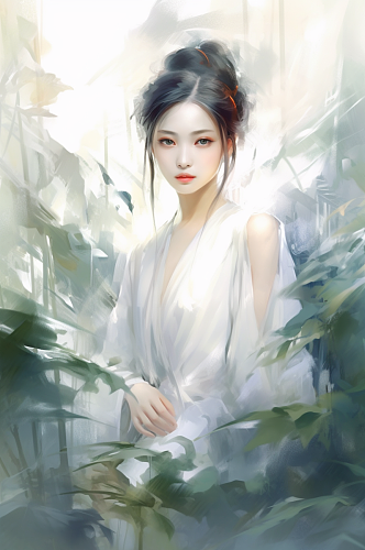 AI数字艺术创意竹林中的中国风美女人物汉服女生人物插画
