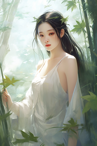 AI数字艺术创意竹林中的汉服中国风美女人物人物插画