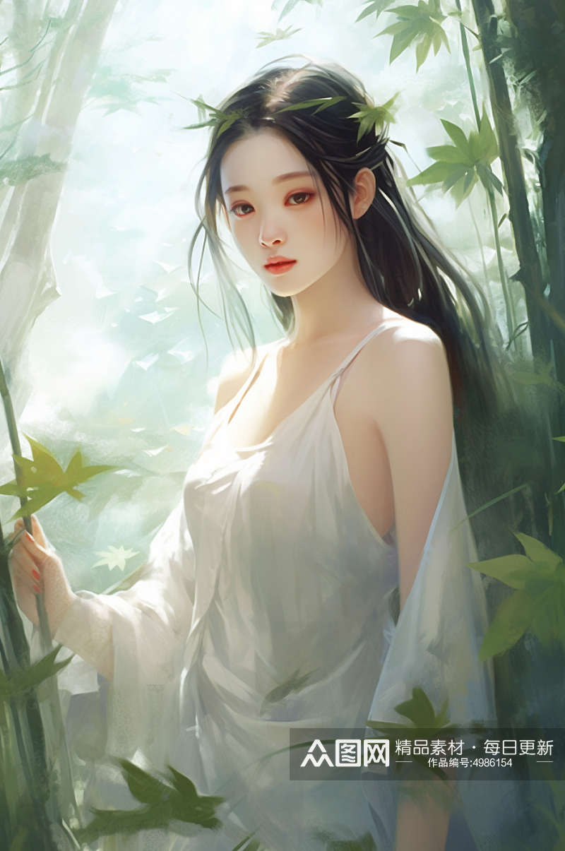 AI数字艺术创意竹林中的汉服中国风美女人物人物插画素材