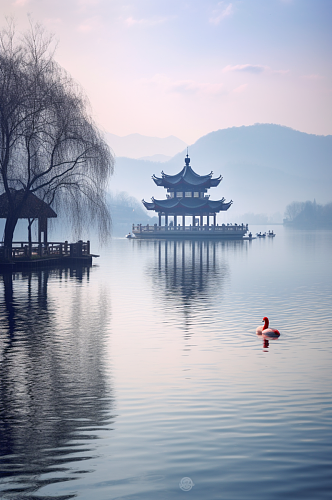 AI数字艺术西湖国内城市杭州风景摄影图片