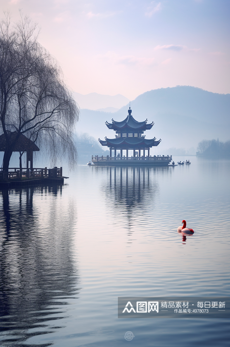 AI数字艺术西湖国内城市杭州风景摄影图片素材