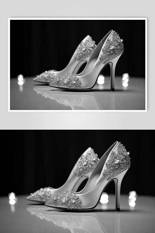 AI数字艺术简约银色韩式高跟鞋细跟单鞋摄影图片