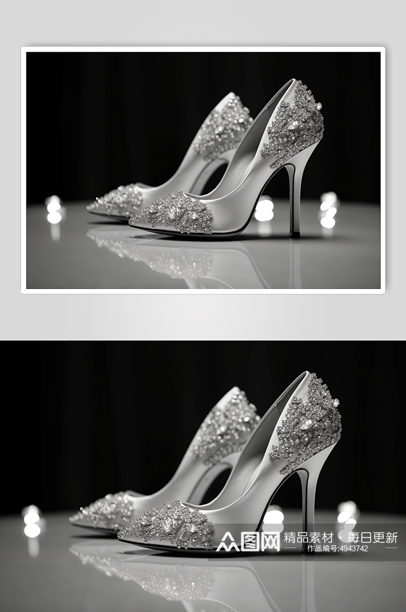 AI数字艺术简约银色韩式高跟鞋细跟单鞋摄影图片素材