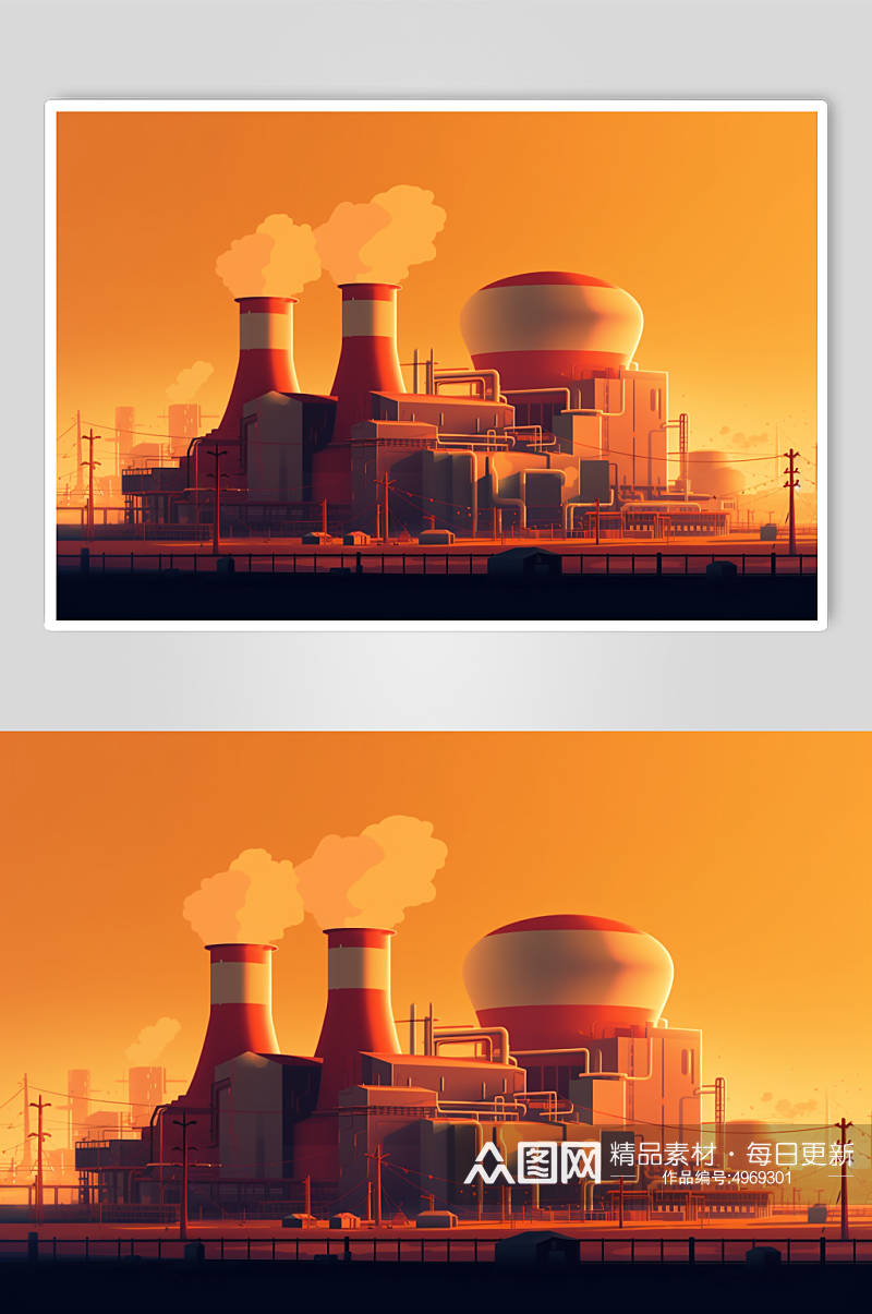 AI数字艺术手绘核电站核反应堆场景插图素材
