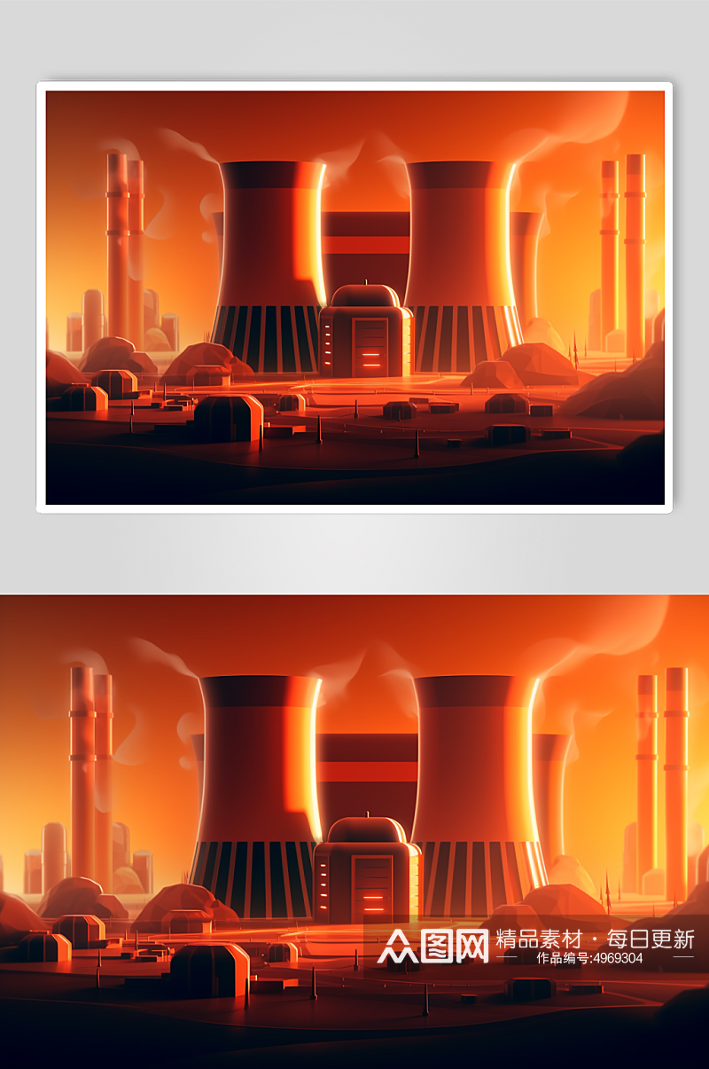 AI数字艺术手绘核电站核反应堆场景插图素材