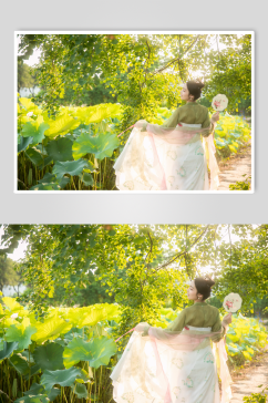 夏季荷花池中汉服女性人物摄影图片