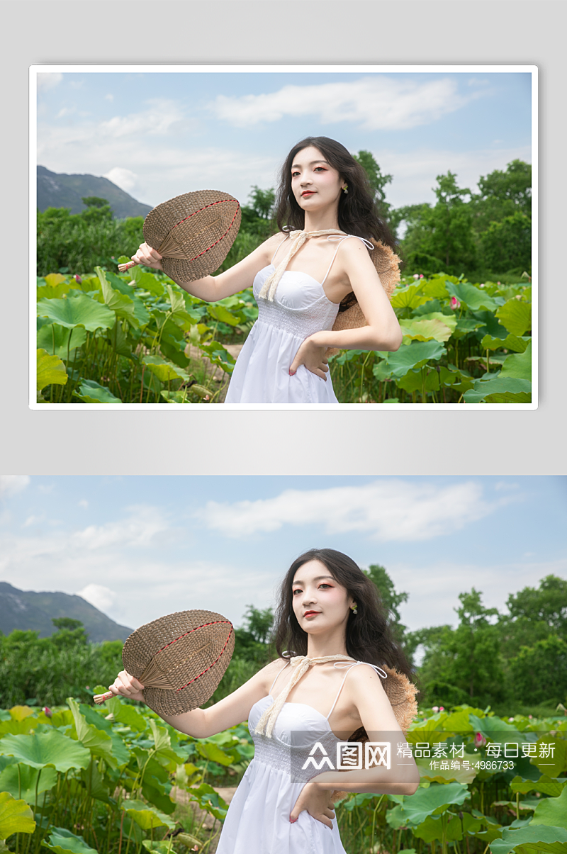 夏季荷花池白裙漫步女生人物摄影图片素材