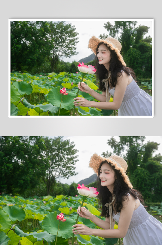 夏季荷花池白裙漫步女生人物摄影图片-众图网