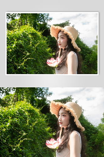 夏季荷花池白裙漫步女生人物摄影图片