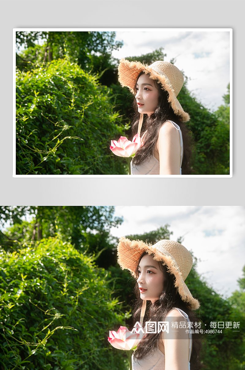 夏季荷花池白裙漫步女生人物摄影图片素材