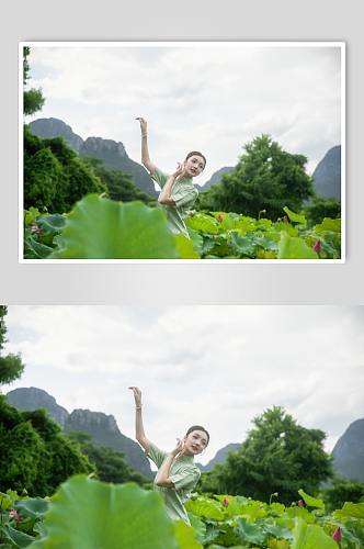 夏季赏荷花旗袍女人人物摄影图片