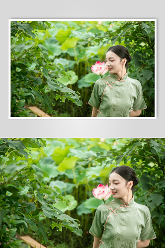 夏季赏荷花旗袍女人人物摄影图片