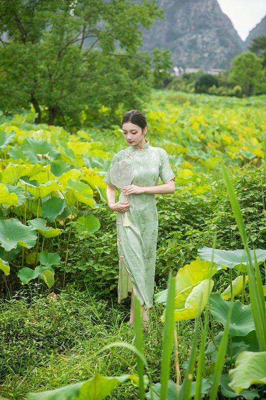 夏季赏荷花旗袍女人人物摄影图片-众图网