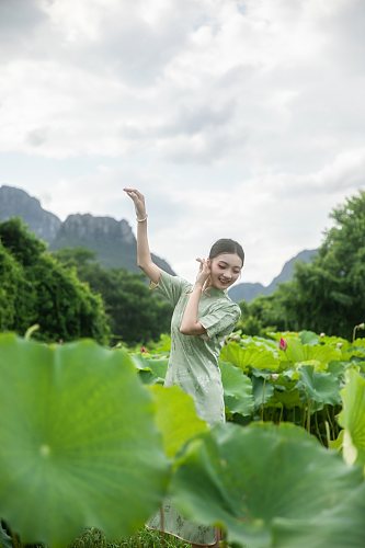 夏季荷花池中旗袍人物摄影图片