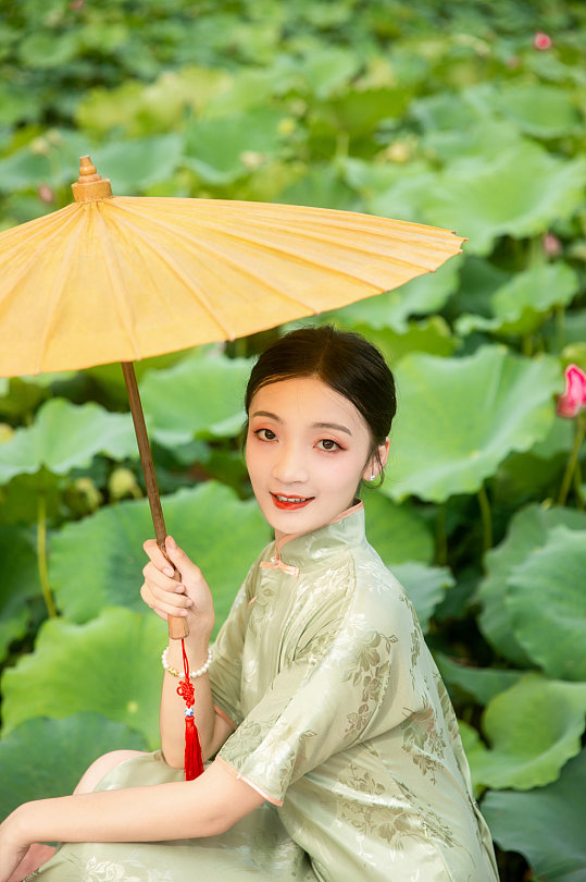 夏季荷花池中旗袍人物摄影图片