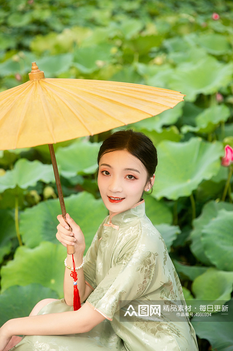 夏季荷花池中旗袍人物摄影图片素材