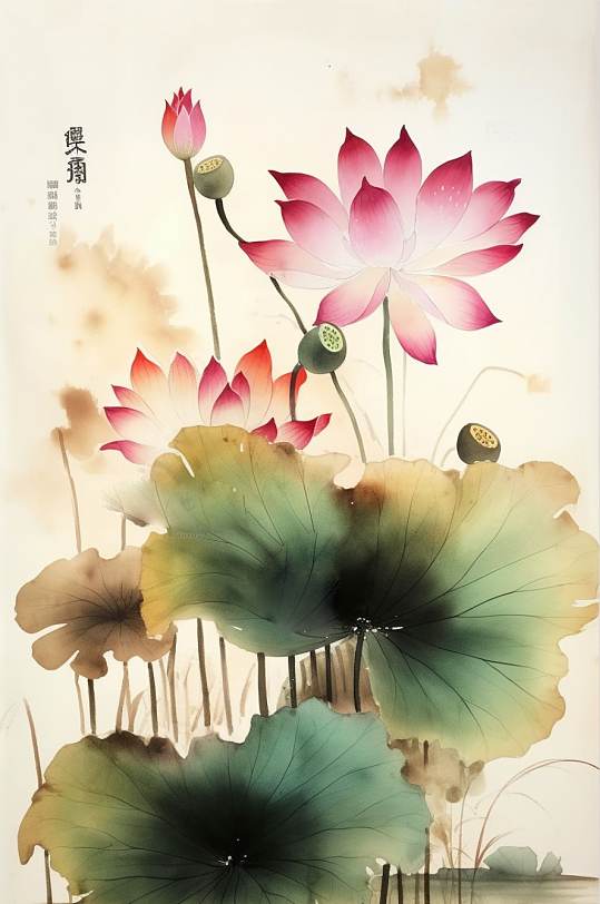 AI數(shù)字藝術(shù)創(chuàng)意手繪粉色荷花裝飾畫