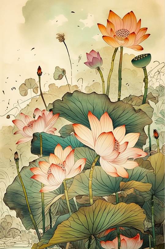 AI數(shù)字藝術(shù)創(chuàng)意手繪粉色荷花裝飾畫