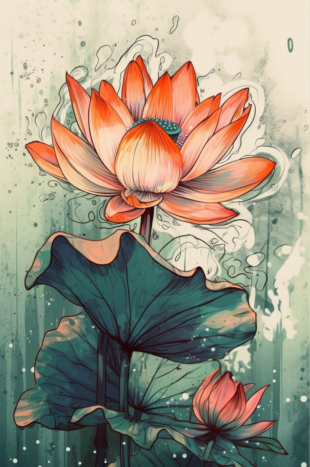AI数字艺术原创手绘荷花装饰画素材