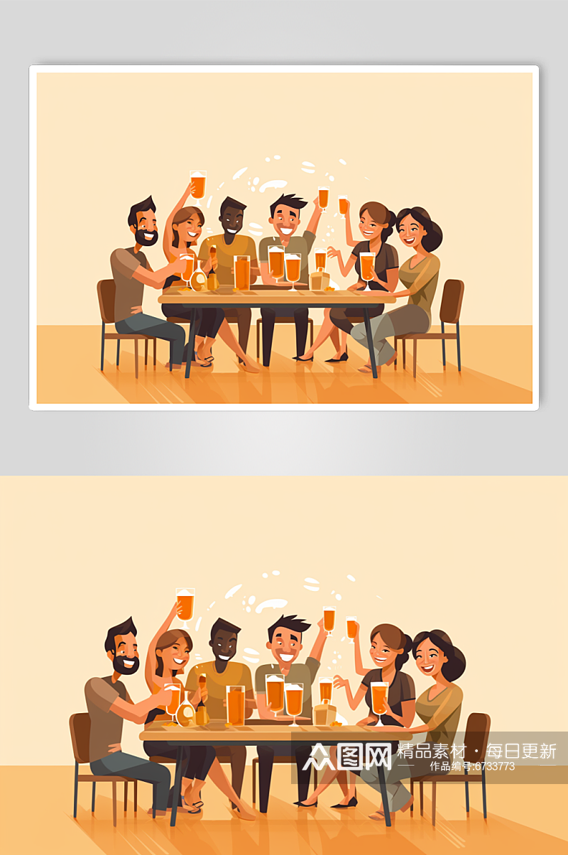 AI数字艺术聚餐喝啤酒插画素材