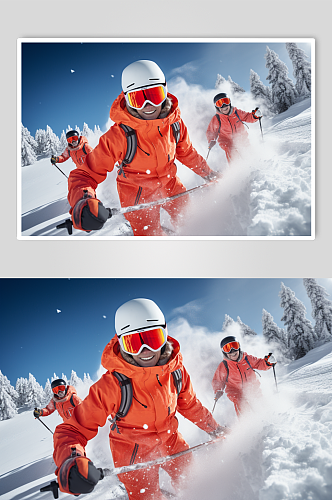AI数字艺术滑雪合影人物摄影图