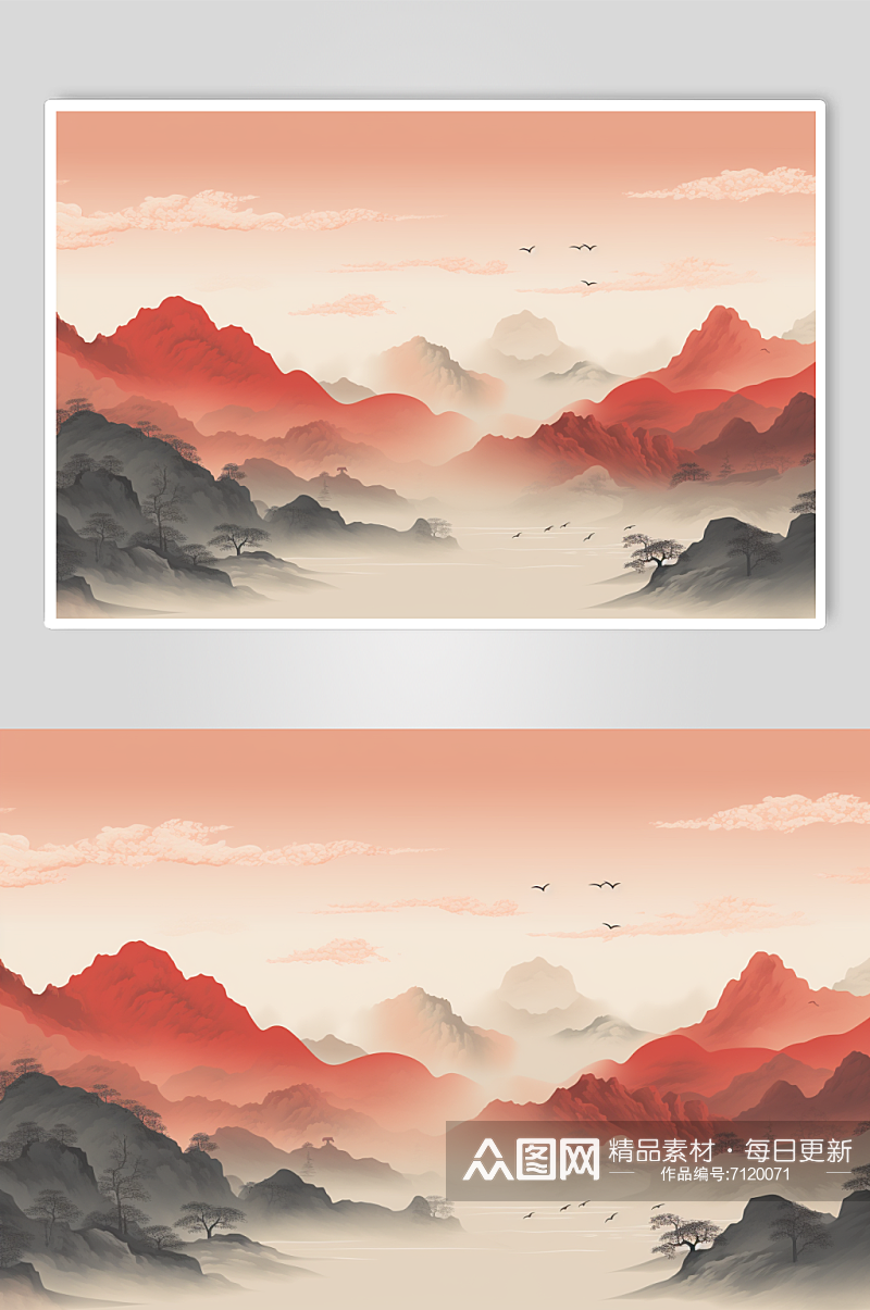 AI数字艺术中国红国风风景背景插画素材