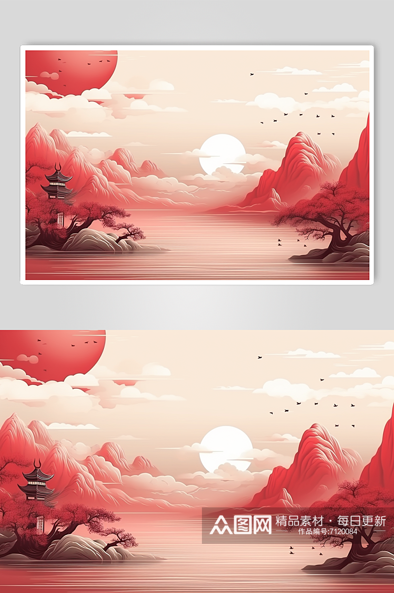 AI数字艺术中国红国风风景背景插画素材